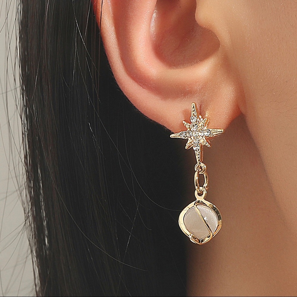 Gold w/Crystal Star & Moonstone Drop Earrings